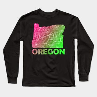 Colorful mandala art map of Oregon with text in pink and green Long Sleeve T-Shirt